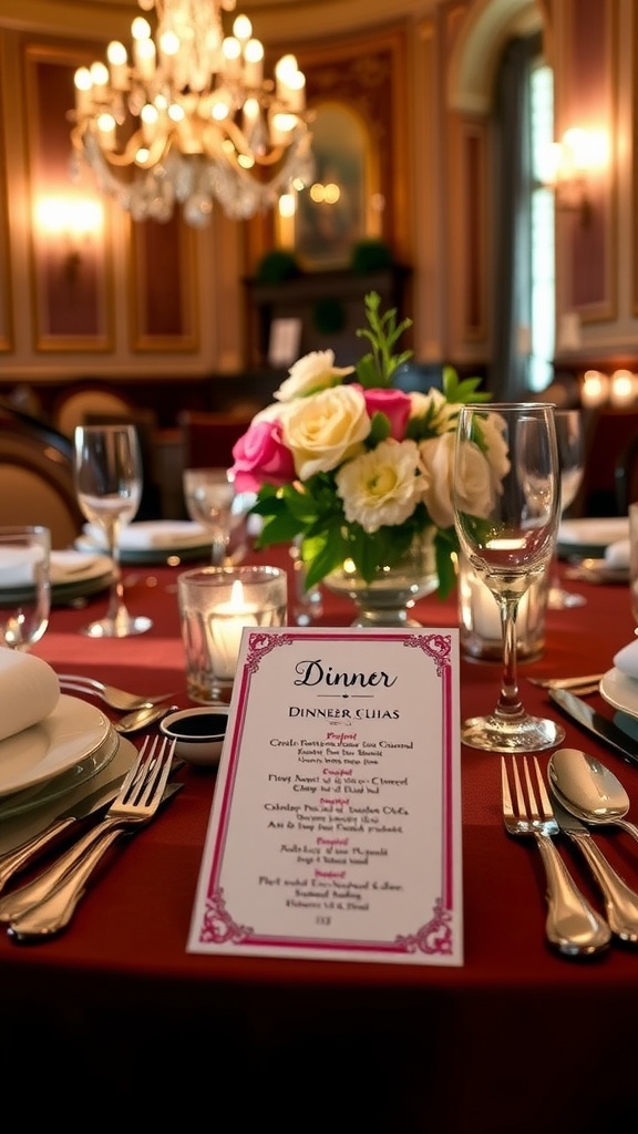 Elegant dinner table with gourmet menu card, fine china, and flowers.